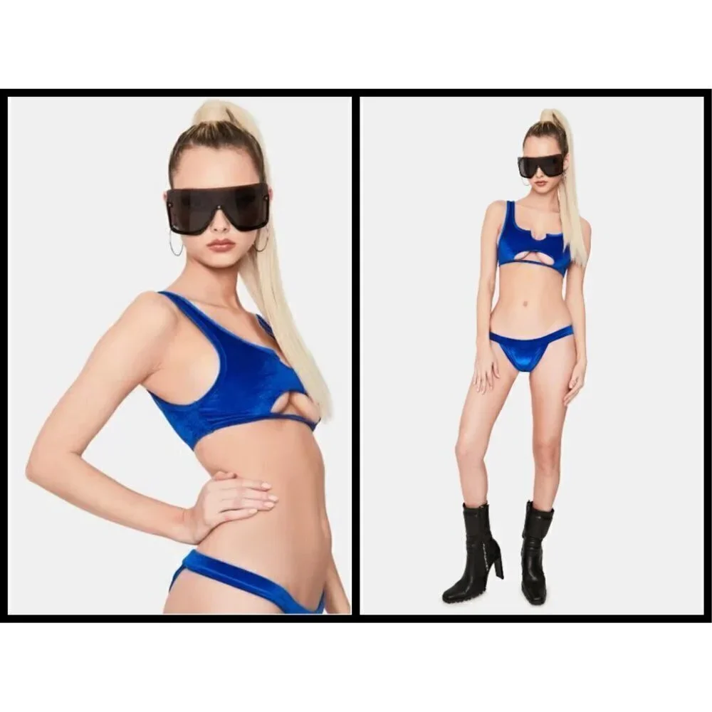 💕FRANKIE'S💕 Cole Velvet Bikini (Scoop Top + Cheeky Bottom) Pacific Blue L NWT